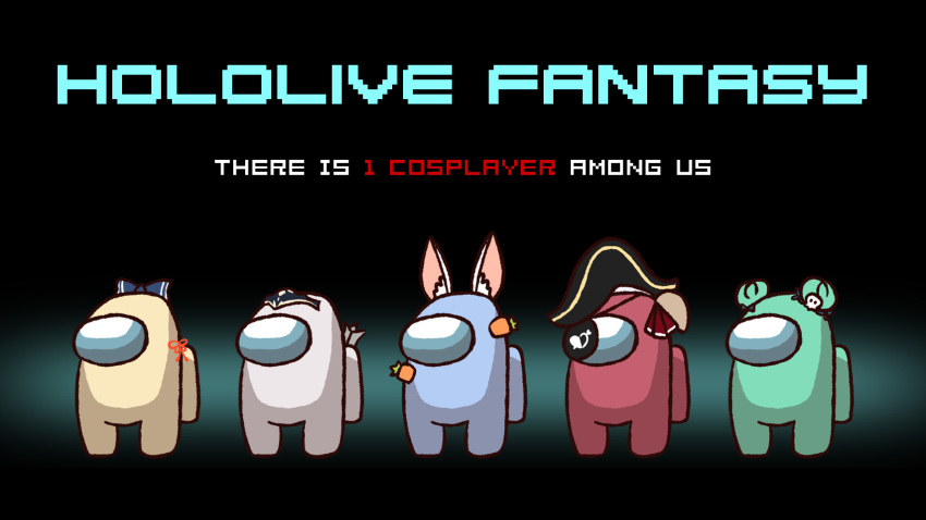 5others, among_us, animal_ear_fluff, animal_ears, arrow_through_heart, bicorne, black_background, black_eyepatch
