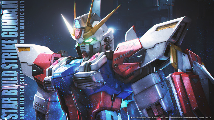3d, absurdres, character_name, chinese_commentary, close-up, collaboration, fake_box_art, glowing, glowing_eyes, green_eyes, gundam, gundam_build_fighters, highres, lolicon_(lolicon42051636), looking_ahead, making-of_available, mecha, no_humans, photoshop_(medium), solo, star_build_strike_gundam, v-fin, zefai