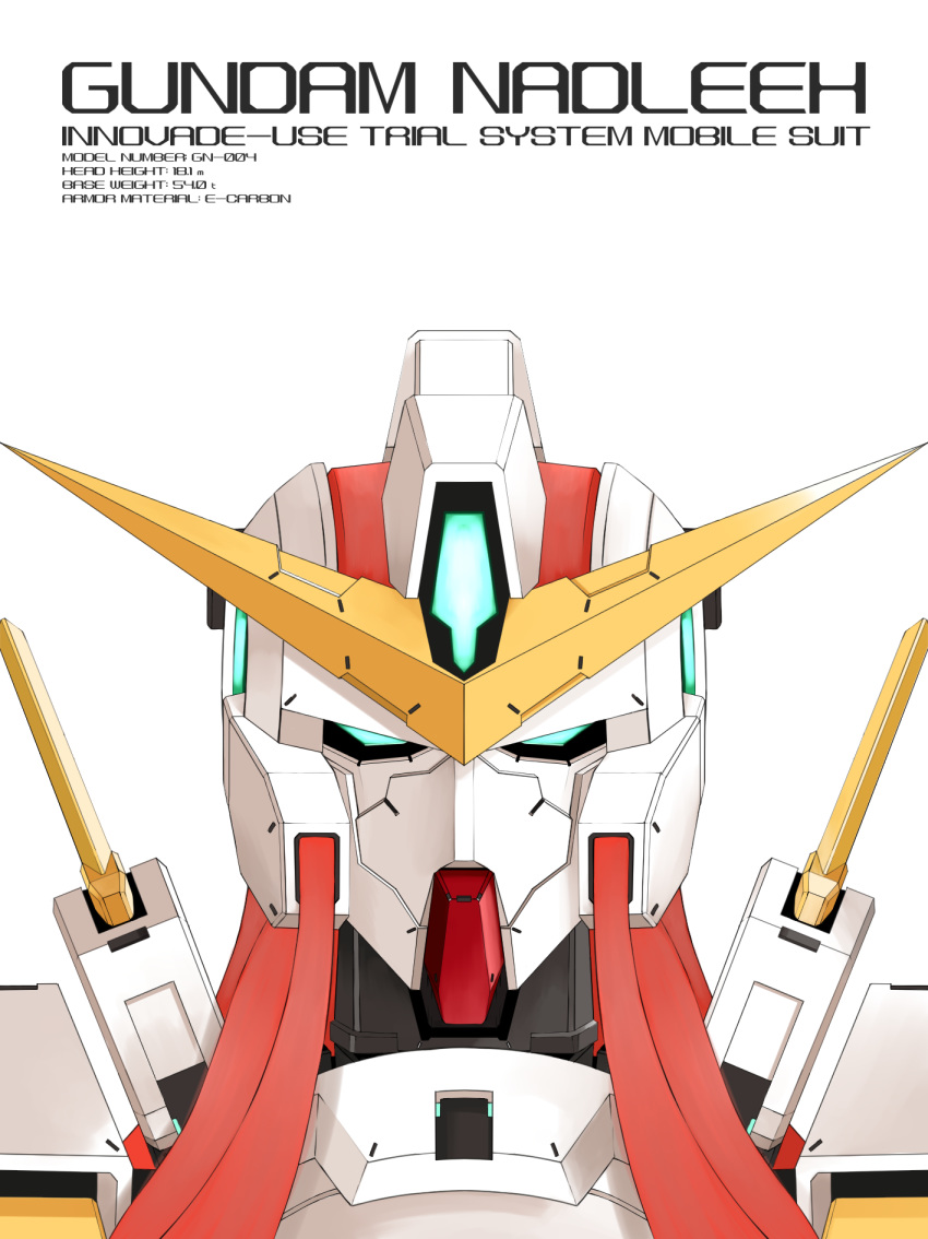 aqua_eyes, character_name, close-up, gundam, gundam_00, gundam_nadleeh, highres, kaiserxtask, looking_at_viewer, mecha, no_humans, portrait, solo, v-fin, white_background