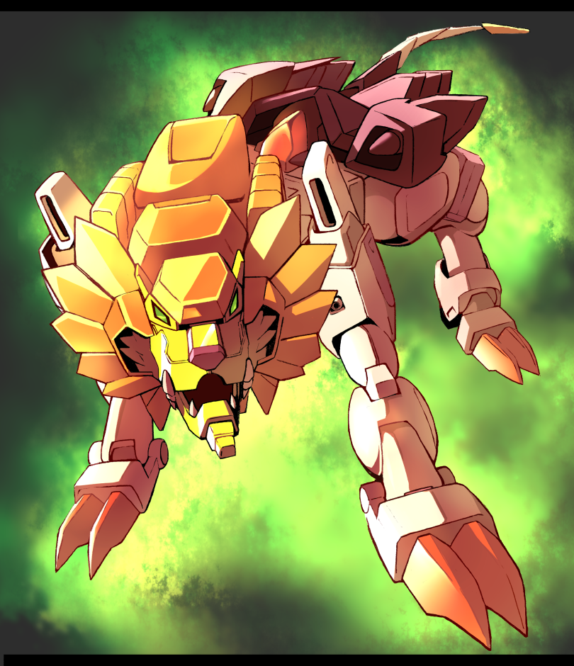 galeon, green_background, green_eyes, lion, looking_ahead, mecha, mechanical_tail, no_humans