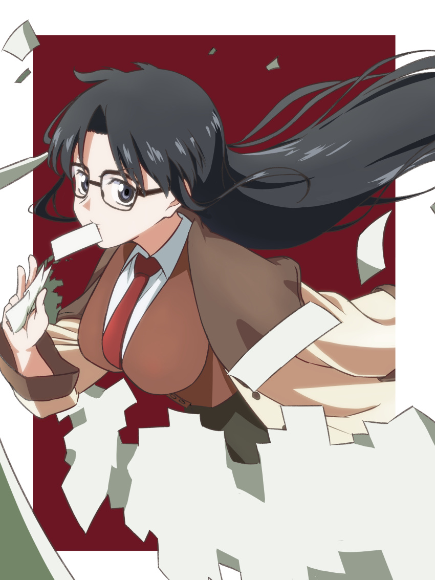 1girl, absurdres, black_hair, blue_eyes, border, breasts, coat, glasses