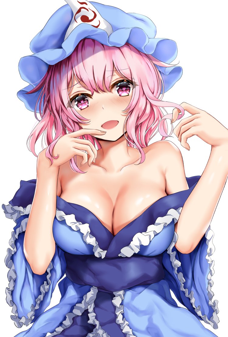 1girl, blue_bow, blue_headwear, blue_kimono, bow, breasts, collarbone, eyebrows_visible_through_hair