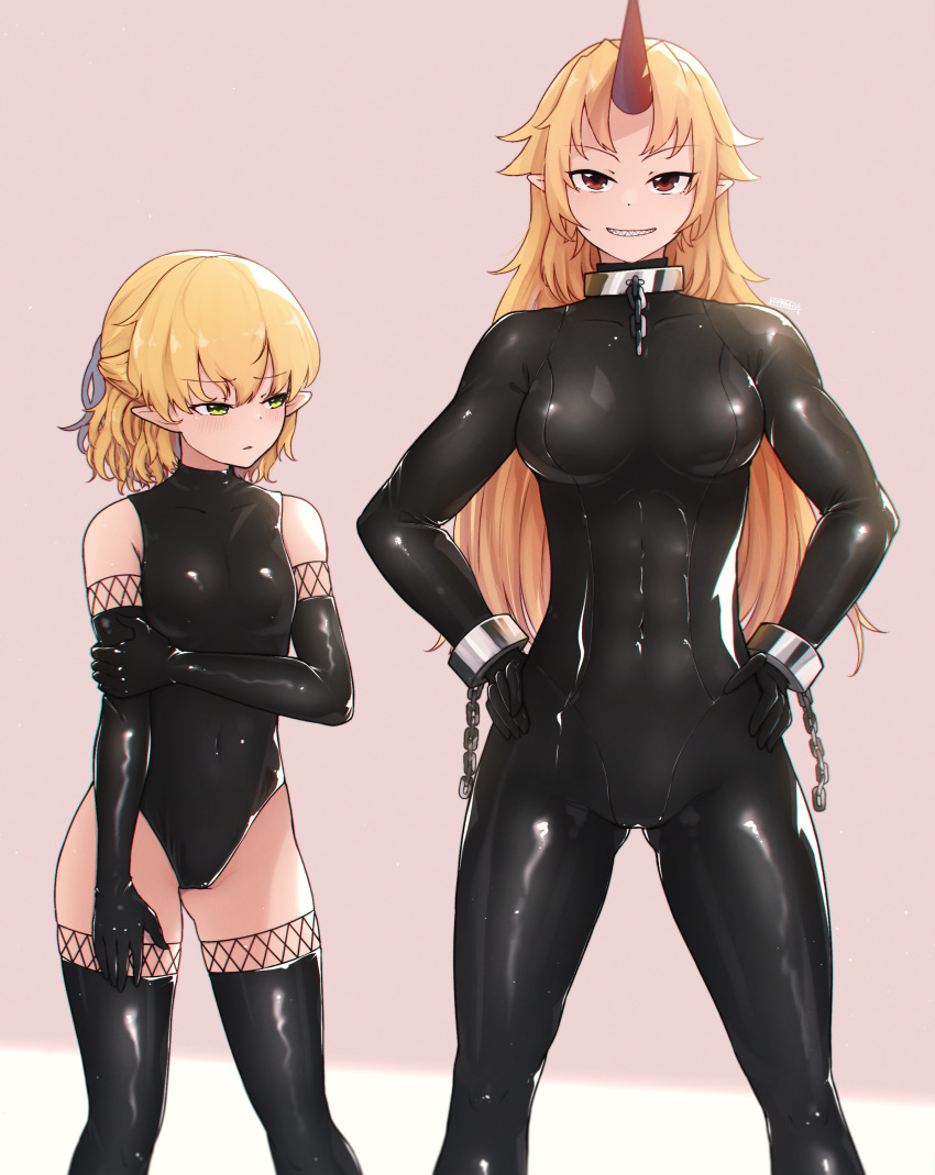 2girls, abs, absurdres, bare_shoulders, black_bodysuit, blonde_hair, bodysuit, breasts