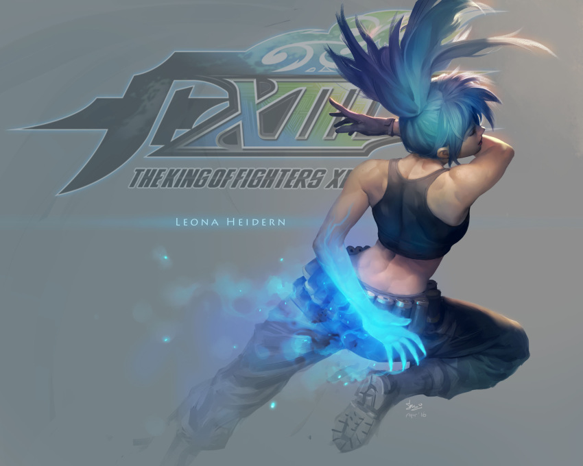 1girl, bangs, black_tank_top, blue_hair, boots, character_name, closed_eyes, combat_boots