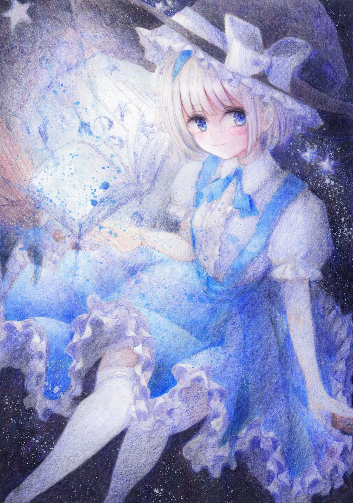alice_margatroid, blue_dress, blue_eyes, blue_skirt, blush, bob_cut, breasts, broom