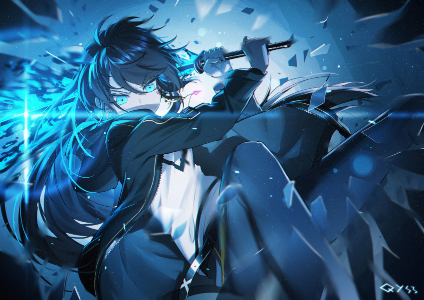 1girl, belt, black_hair, blue_eyes, blurry_foreground, broken_glass, earrings, eyebrows_visible_through_hair, facial_tattoo, glass, hair_between_eyes, heart, heart_tattoo, highres, holding, holding_sword, holding_weapon, hoop_earrings, jacket, jewelry, long_hair, looking_at_viewer, motion_blur, open_clothes, open_jacket, original, pendant, qian_ye_(bai_yemeng), qys3, shirt, solo, sword, t-shirt, tattoo, weapon