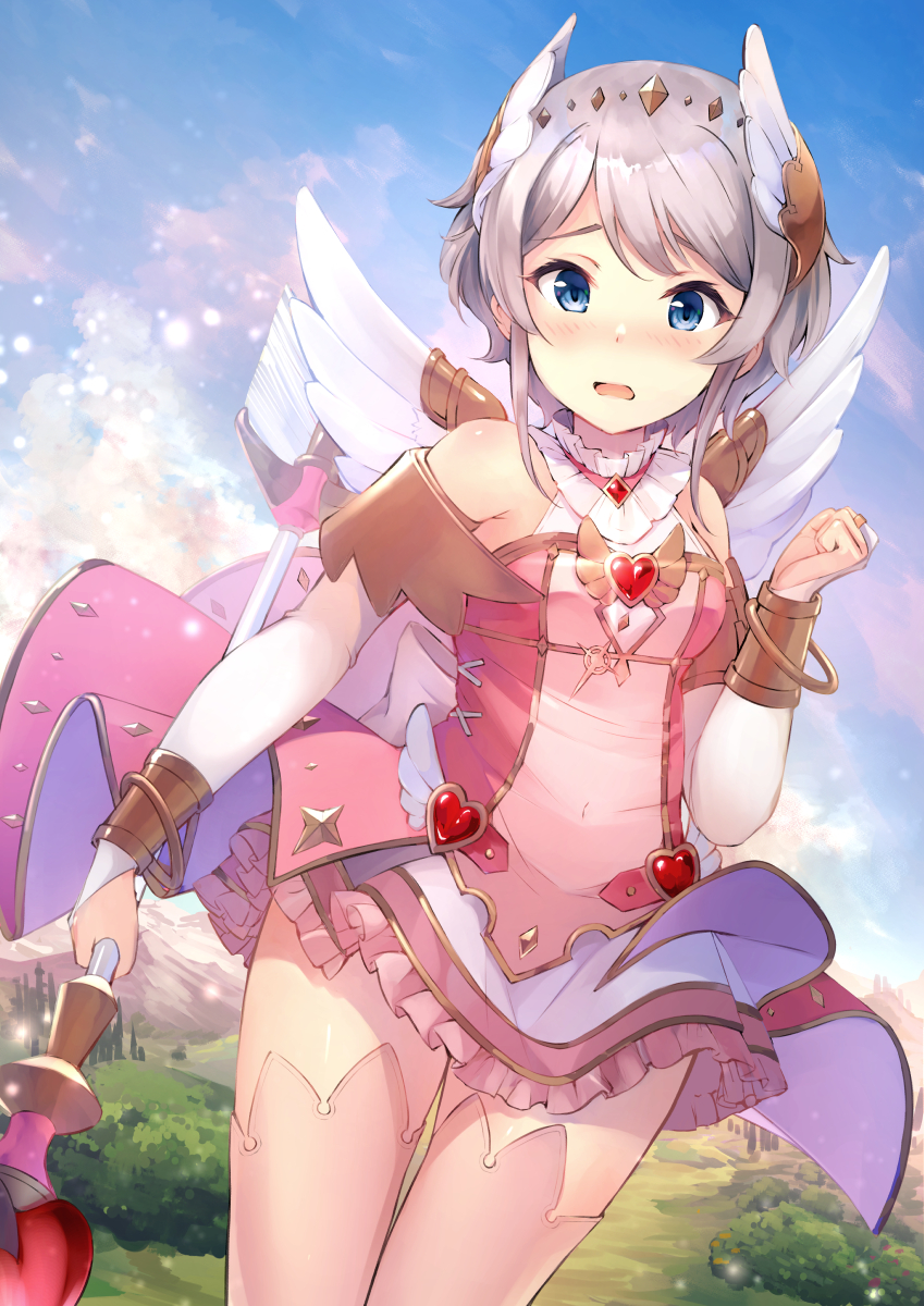 1girl, angel_wings, back_bow, blue_eyes, blush, bow, bridal_gauntlets, clenched_hand, commentary_request, cowengium, dress, frills, grey_hair, hand_up, head_wings, heart, highres, holding, holding_staff, looking_at_viewer, navel, nose_blush, open_mouth, outdoors, overskirt, princess_connect!, princess_connect!_re:dive, short_hair_with_long_locks, solo, staff, thigh-highs, wings, yori_(princess_connect!)