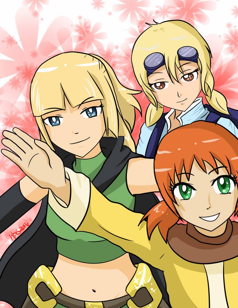 3girls, bandanna, blonde_hair, blue_hair, brown_eyes, cape, crystal_story, crystal_story_ii