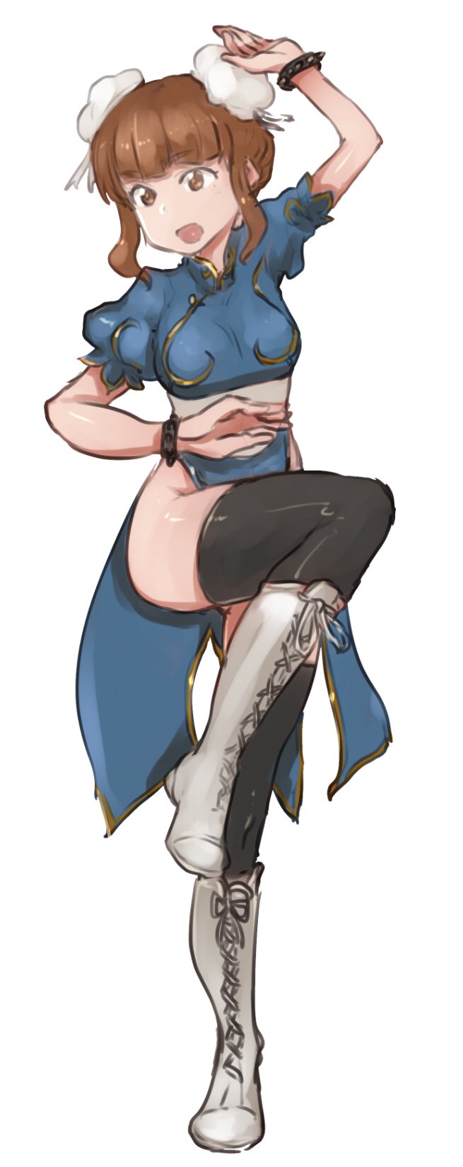 1girl, abaratani_kurou, alternate_hairstyle, arm_up, bangs, black_legwear, blue_dress, blunt_bangs