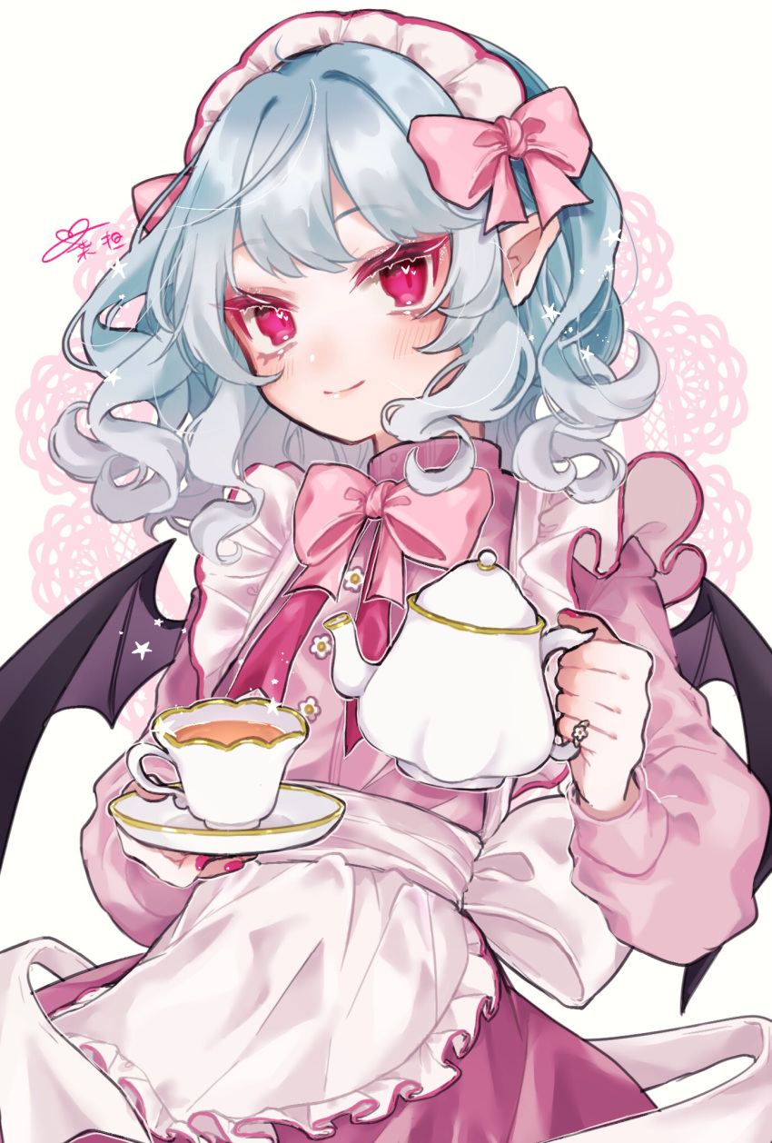 alternate_costume, apron, back_bow, blush, bow, closed_mouth, commentary_request, cowboy_shot