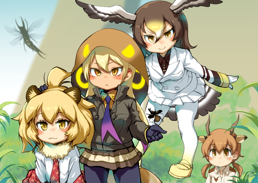 >:), 4girls, :3, absurdres, animal_ears, antelope_ears, antelope_horns, bangs