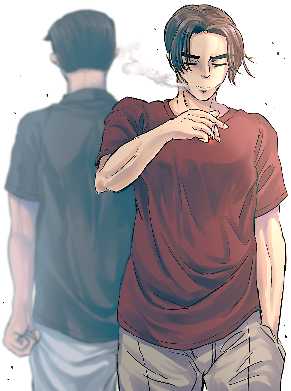 2boys, black_hair, black_shirt, cigarette, clenched_hands, closed_eyes, closed_mouth, commentary_request