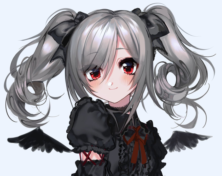1girl, bad_source, black_bow, black_shirt, bow, choker, detached_wings, eyebrows_visible_through_hair