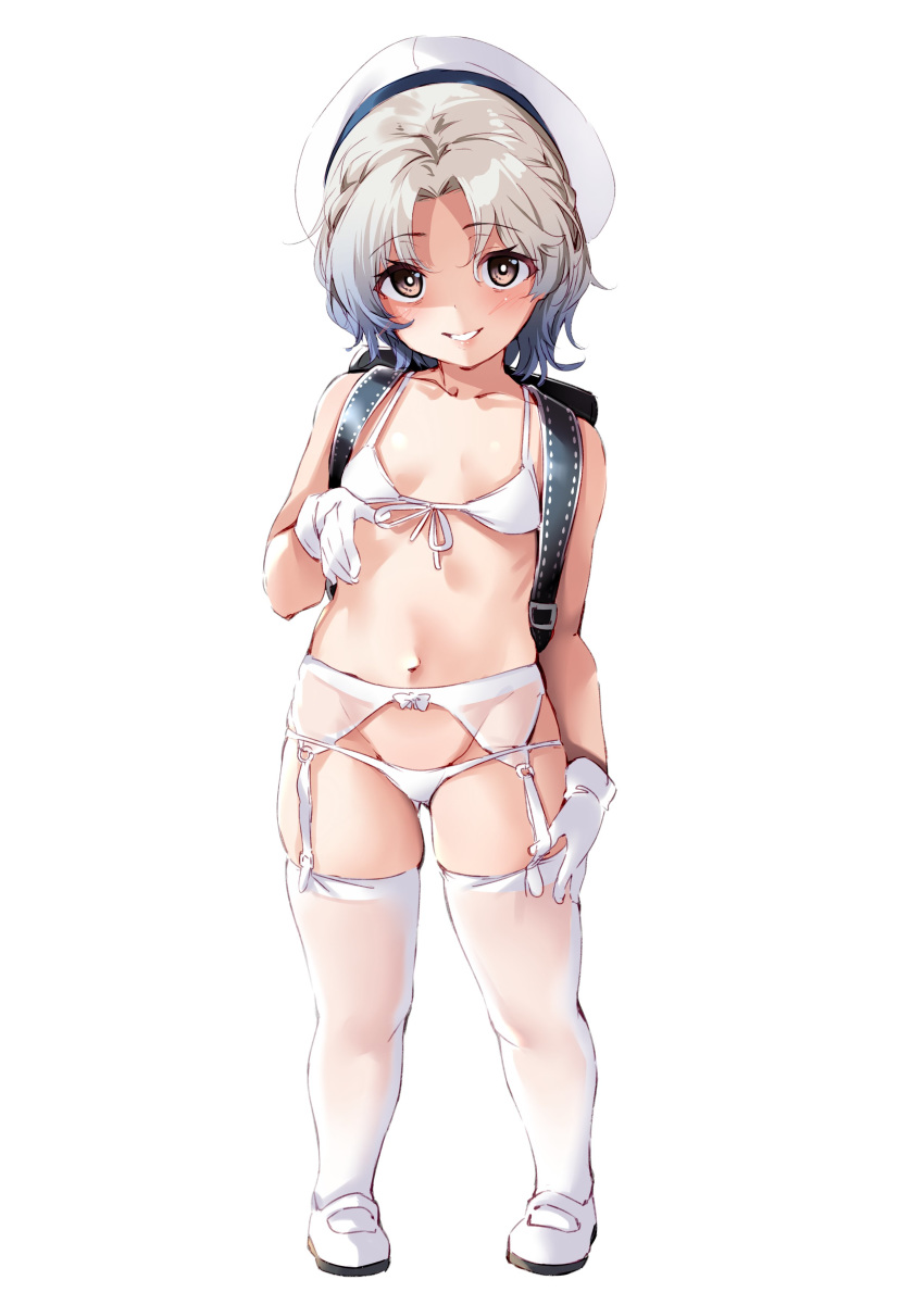 1girl, absurdres, backpack, bag, bikini, breasts, brown_eyes, ebifurya