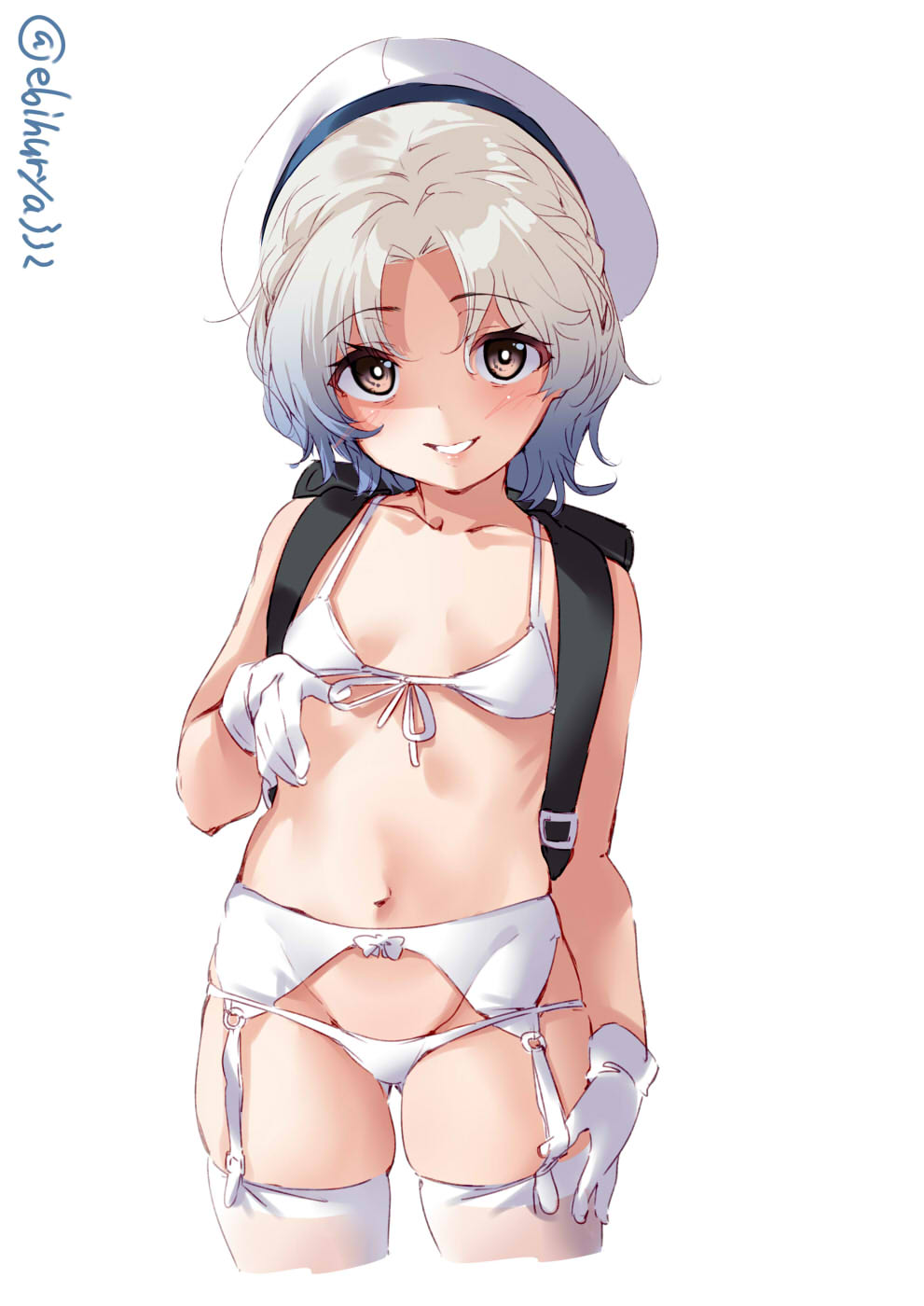 1girl, blush, bra, brown_eyes, collarbone, cropped_legs, ebifurya, eyebrows_visible_through_hair