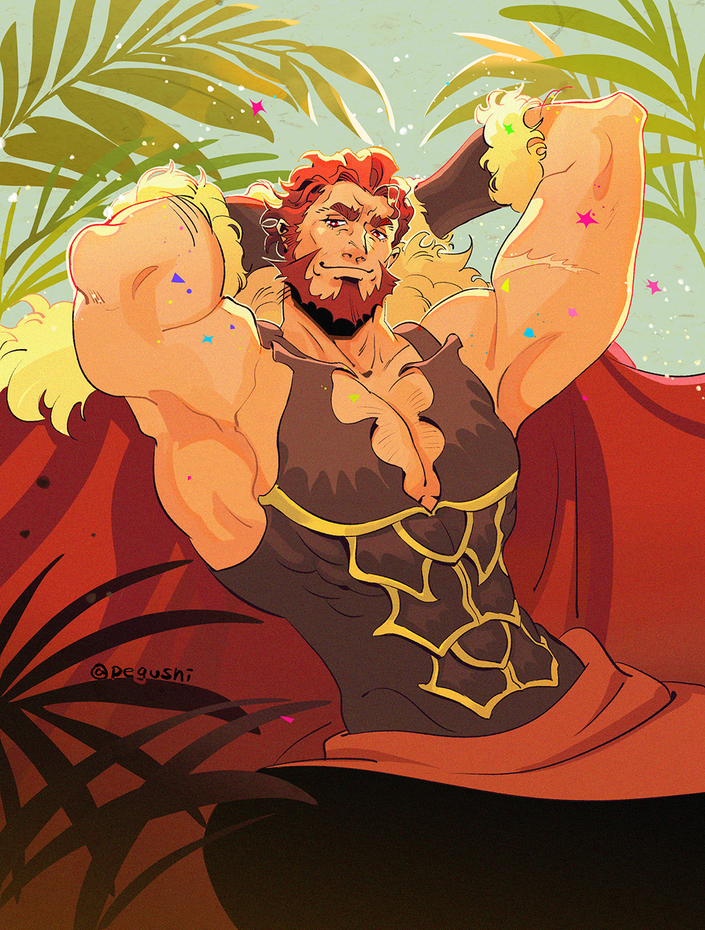 1boy, armpits, arms_behind_head, bara, beard, breastplate, cape, chest