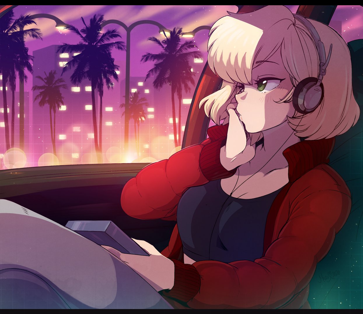 1girl, blonde_hair, borrowed_character, breasts, building, car_interior, city, commentary