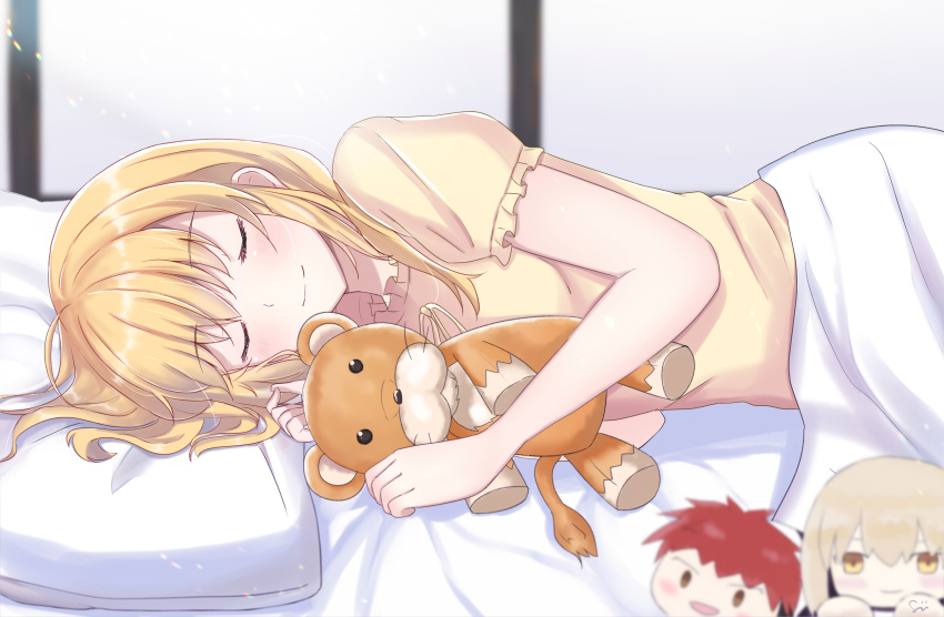 1boy, 2girls, alternate_hairstyle, artoria_pendragon_(all), blonde_hair, blush, brown_eyes, closed_eyes