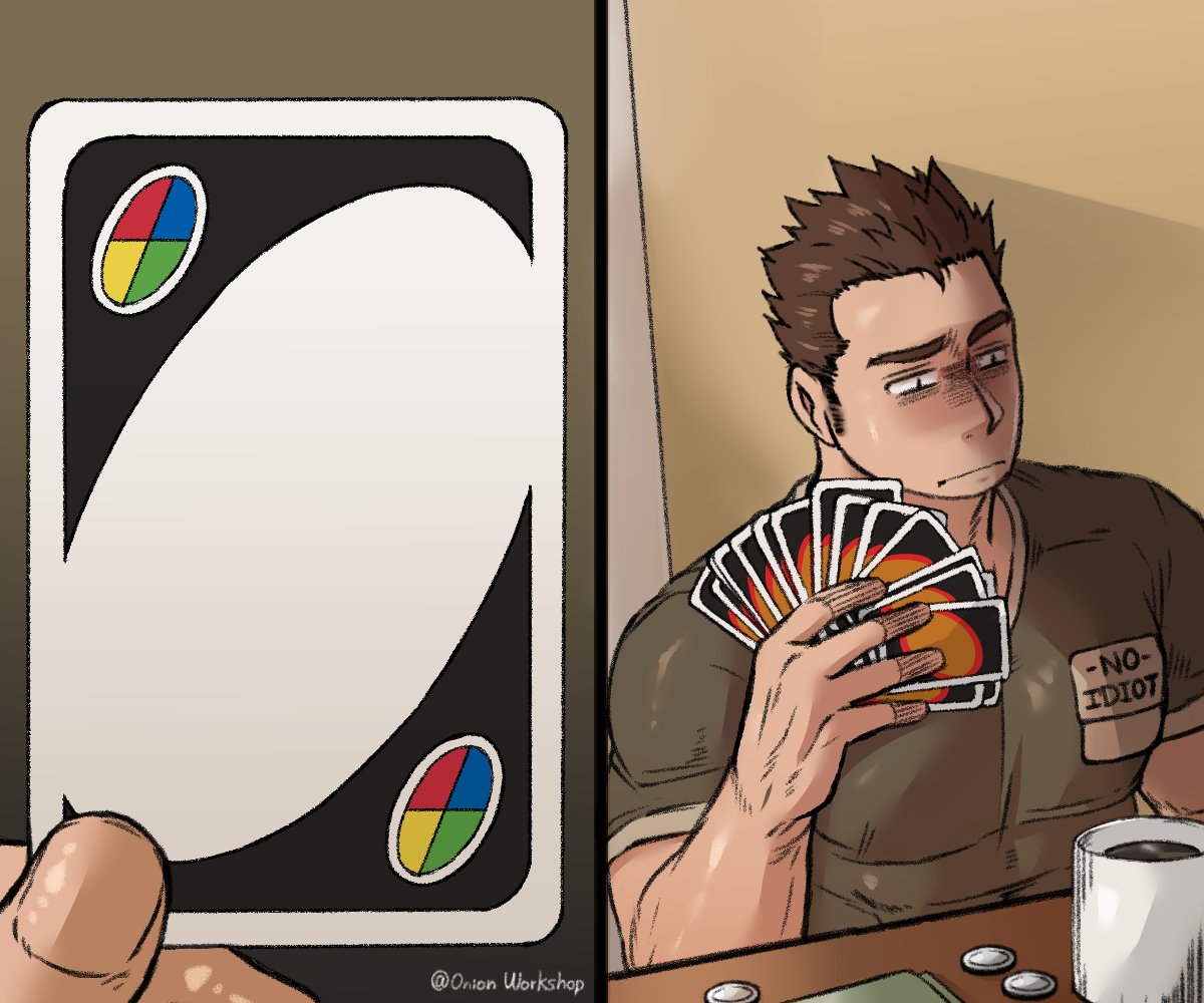 1boy, bara, brown_hair, card, card_(medium), chest, coin, cup