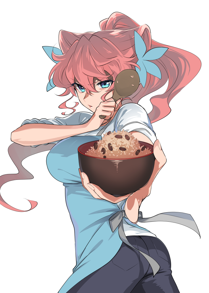 1girl, apron, blue_eyes, bowl, breasts, food, hair_ornament, holding