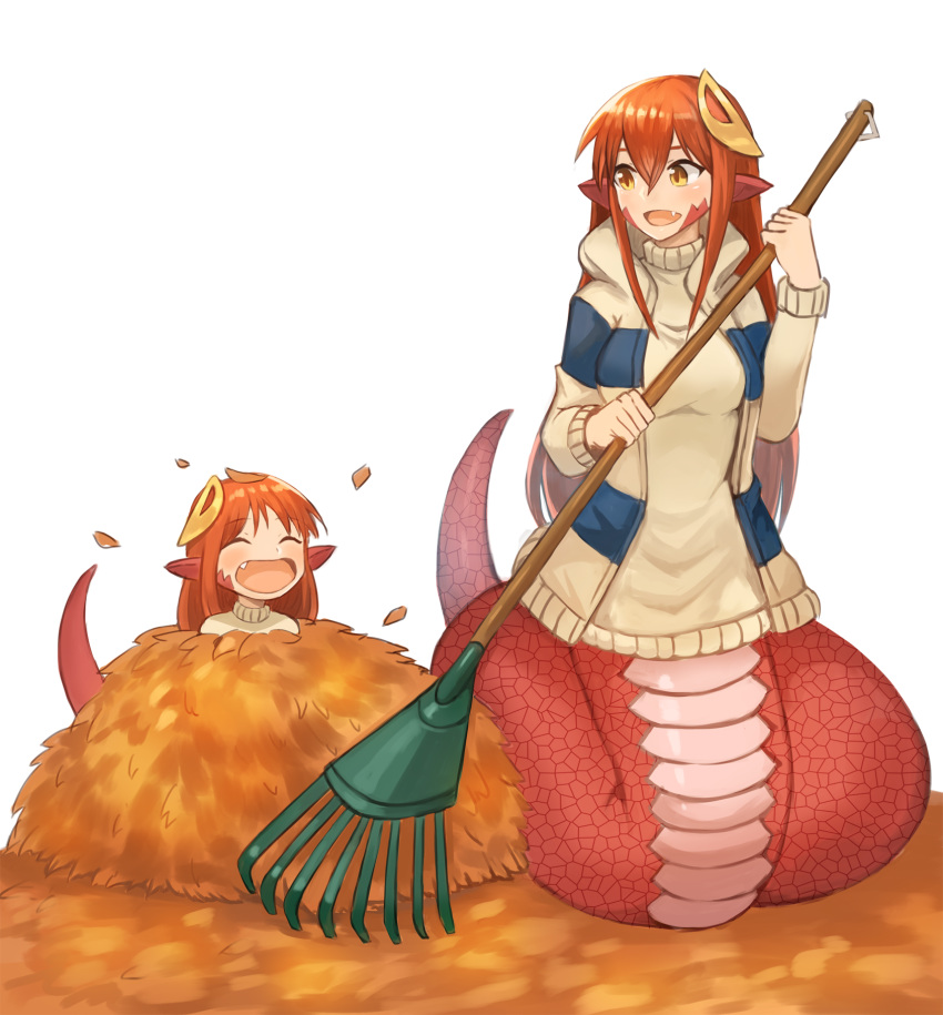 2girls, :d, ^_^, ^o^, autumn_leaves, closed_eyes, commission, dress, fang, full_body, hair_between_eyes, hair_ornament, hairclip, highres, holding, jacket, lamia, miia_(monster_musume), mika_(miiafag), monster_girl, monster_musume_no_iru_nichijou, mother_and_daughter, multiple_girls, open_mouth, pointy_ears, scales, simple_background, smile, sookmo, standing, sweater, sweater_dress, sweater_jacket, white_background