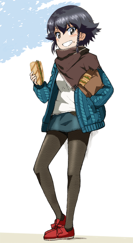 1girl, bag, bangs, black_hair, black_legwear, black_shawl, blue_jacket, blue_skirt