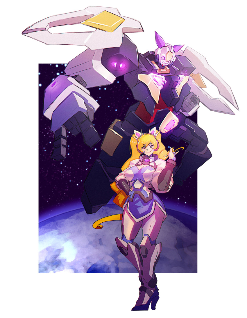 1girl, absurdres, blonde_hair, breasts, cosmikaizer, drill_hair, english_commentary, flying