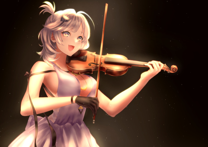 1girl, azur_lane, black_gloves, black_ribbon, breasts, center_opening, dress, fang, fish_hair_ornament, gloves, gold_necklace, hair_ornament, holding, holding_instrument, instrument, large_breasts, looking_at_viewer, medium_hair, open_mouth, purple_dress, ribbon, seattle_(azur_lane), seattle_(gorgeous_party)_(azur_lane), simple_background, single_glove, skin_fang, sleeveless, sleeveless_dress, solo, violin, yellow_eyes