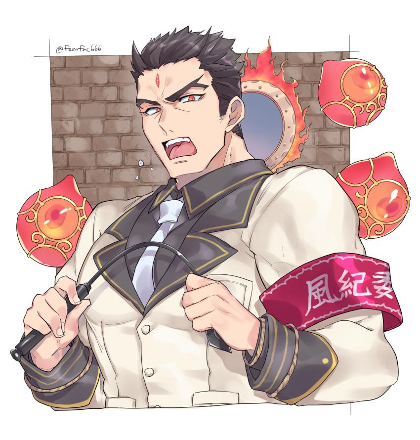1boy, absurdres, aizen_(tokyo_houkago_summoners), armband, artist_name, bara, between_pecs, black_hair