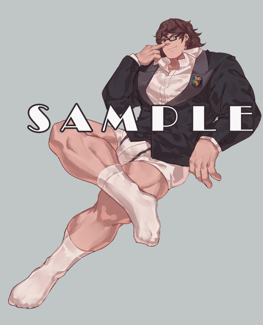 1boy, absurdres, bara, black_suit, brown_hair, bulge, commission, fate/grand_order