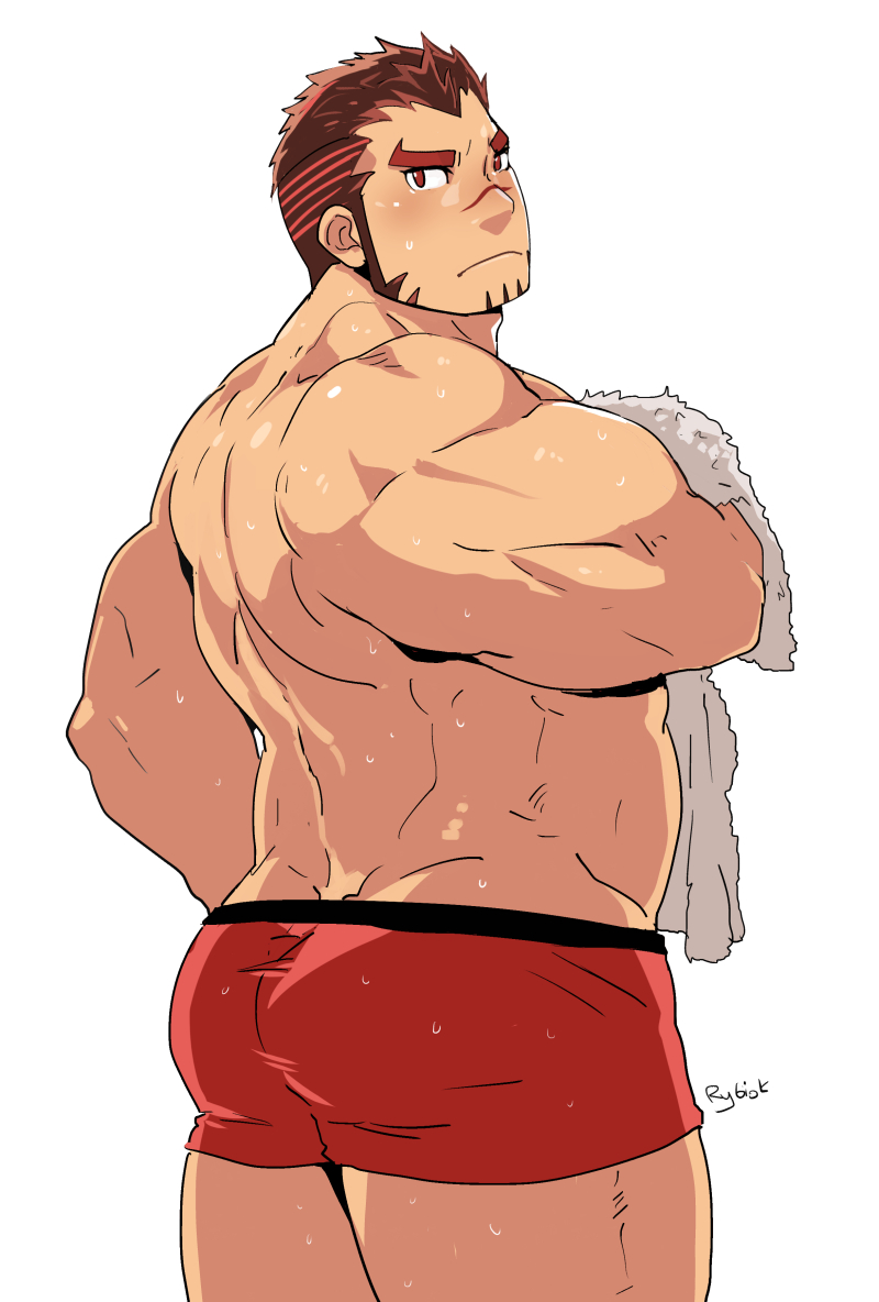 1boy, akashi_(live_a_hero), ass, bara, boxers, butt_crack, chest, facial_hair