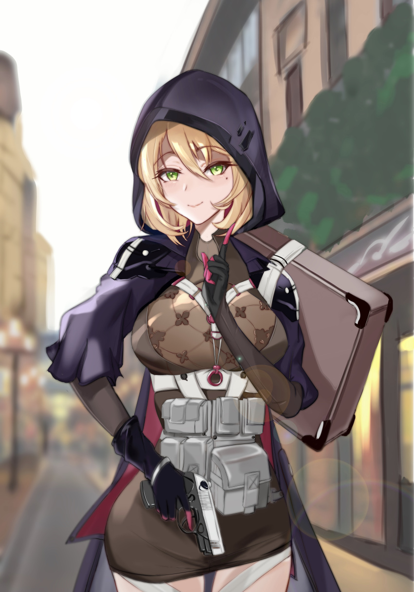 1girl, absurdres, alternate_costume, beretta_px4, black_gloves, blonde_hair, blush, bracelet, breasts, city, cloak, closed_mouth, eyebrows_visible_through_hair, finger_to_mouth, girls_frontline, gloves, green_eyes, gun, handgun, highres, holding, holding_gun, holding_weapon, hood, hooded_cloak, jewelry, looking_at_viewer, medium_breasts, medium_hair, mole, mole_under_eye, pistol, priest77, purple_cloak, px4_storm_(girls_frontline), smile, solo, tagme, weapon