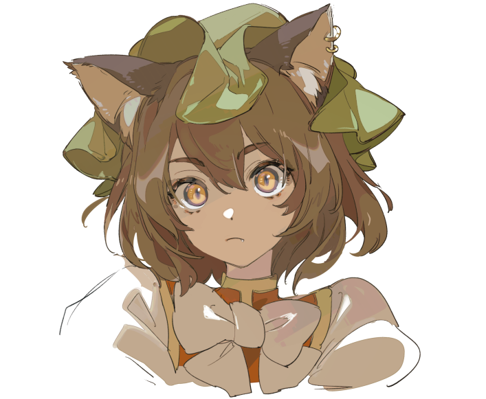 1girl, animal_ears, bow, bowtie, brown_eyes, brown_hair, cat_ears, chen