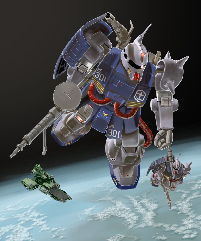clenched_hand, flying, glowing, glowing_eye, graphite_(medium), gun, gundam, gundam_msv