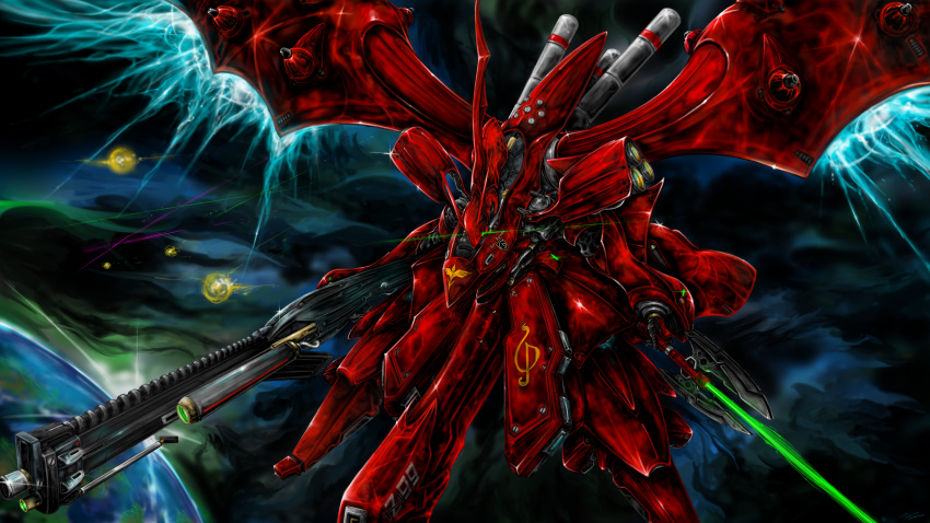 absurdres, beam_saber, char's_counterattack, char's_counterattack_-_beltorchika's_children, commentary, denjyou23, dual_wielding, flying