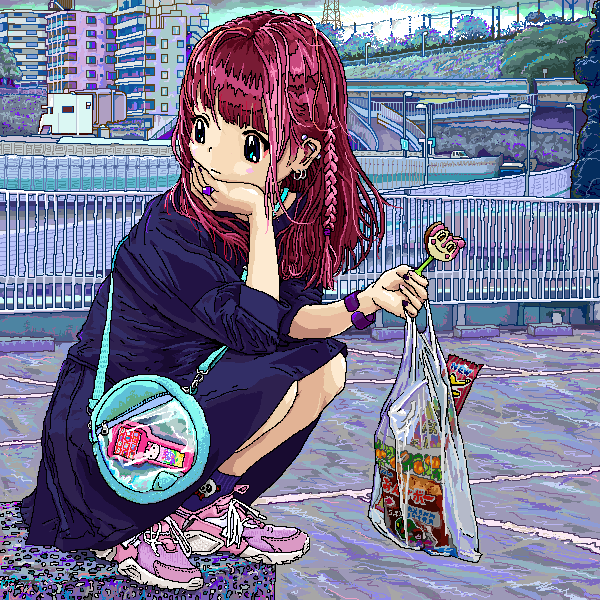 1girl, ace_akira, bag, blue_eyes, braid, candy, food, hello_kitty