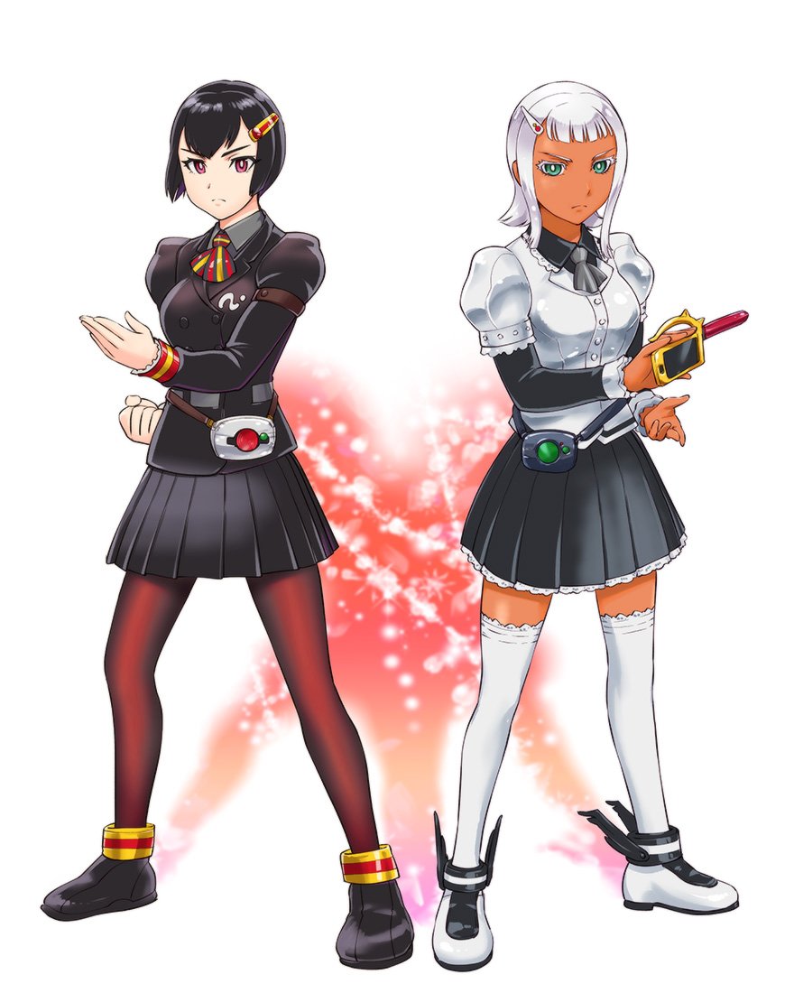 2girls, black_legwear, breasts, closed_mouth, commentary_request, dark_skin, genderswap, genderswap_(mtf)