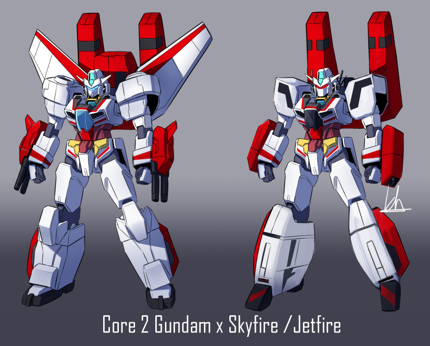 00kaiser, character_name, clenched_hands, core_gundam_ii, crossover, fusion, gradient, gradient_background, gundam, gundam_build_divers, gundam_build_divers_re:rise, highres, jetfire, mecha, mechanical_wings, multiple_views, no_humans, transformers, variations, visor, wings