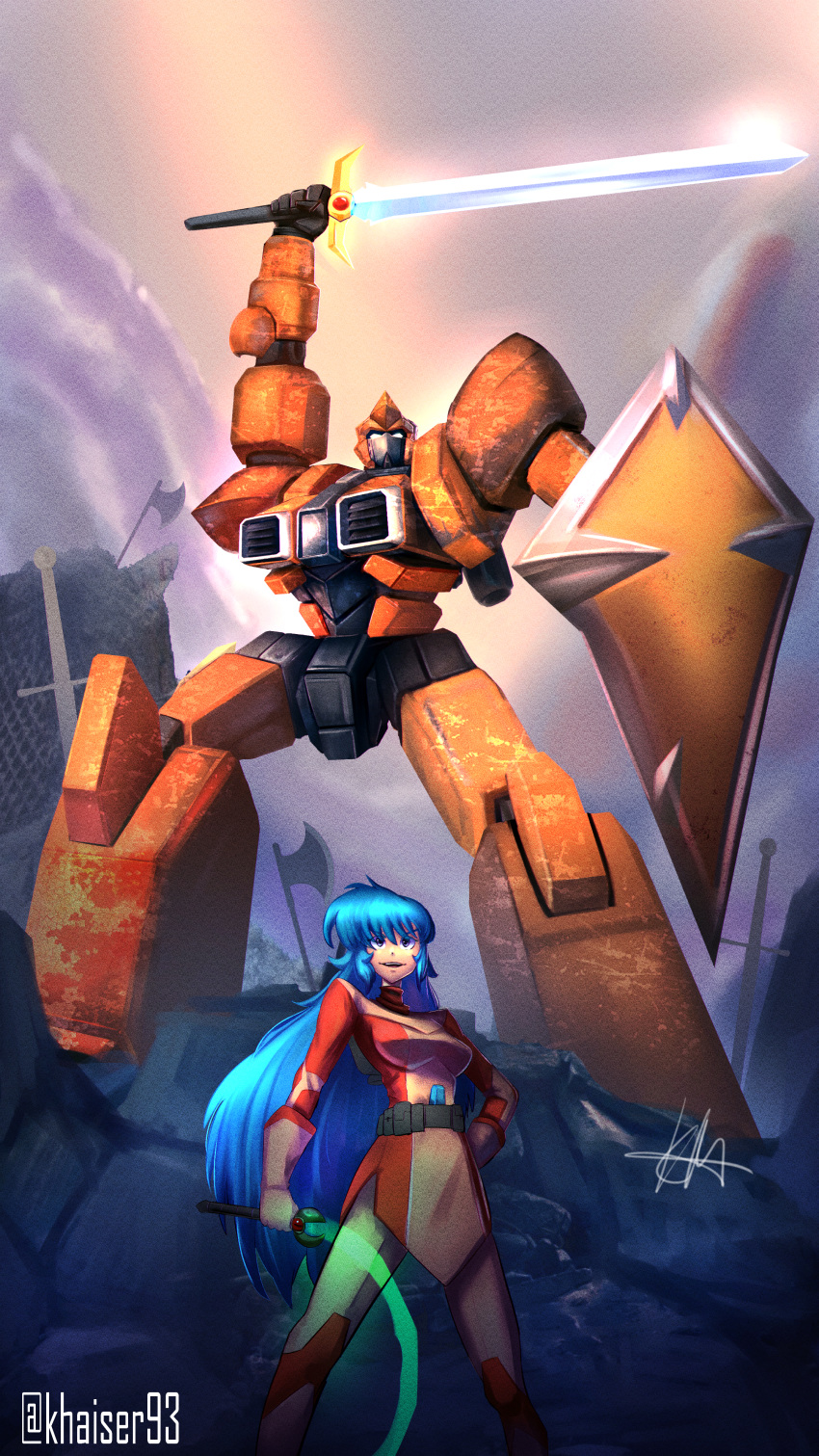 00kaiser, 1girl, absurdres, artist_name, bangs, blue_eyes, blue_hair, flame_(panzer_paladin)