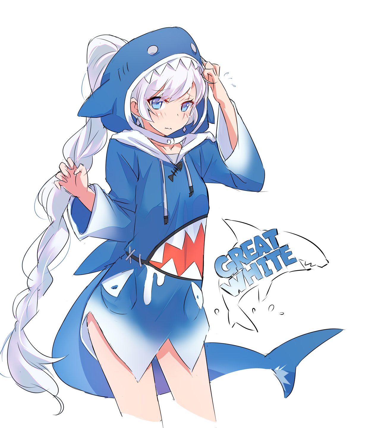 1girl, blue_eyes, blue_hoodie, cosplay, earrings, gawr_gura, gawr_gura_(cosplay), highres