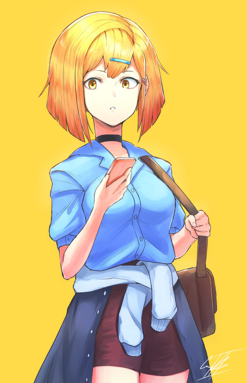 1girl, absurdres, bag, bangs, blonde_hair, grimmelsdathird, hair_ornament, hairclip
