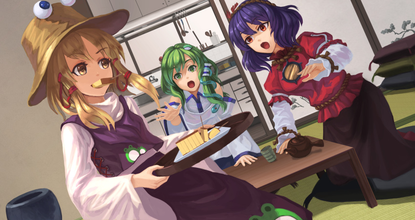 3girls, absurdres, animal_print, belph, black_skirt, blonde_hair, blue_eyes, blue_hair