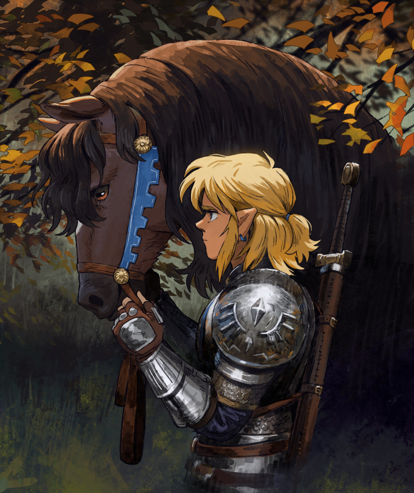 1boy, absurdres, armor, bangs, blonde_hair, earrings, fingerless_gloves, gloves