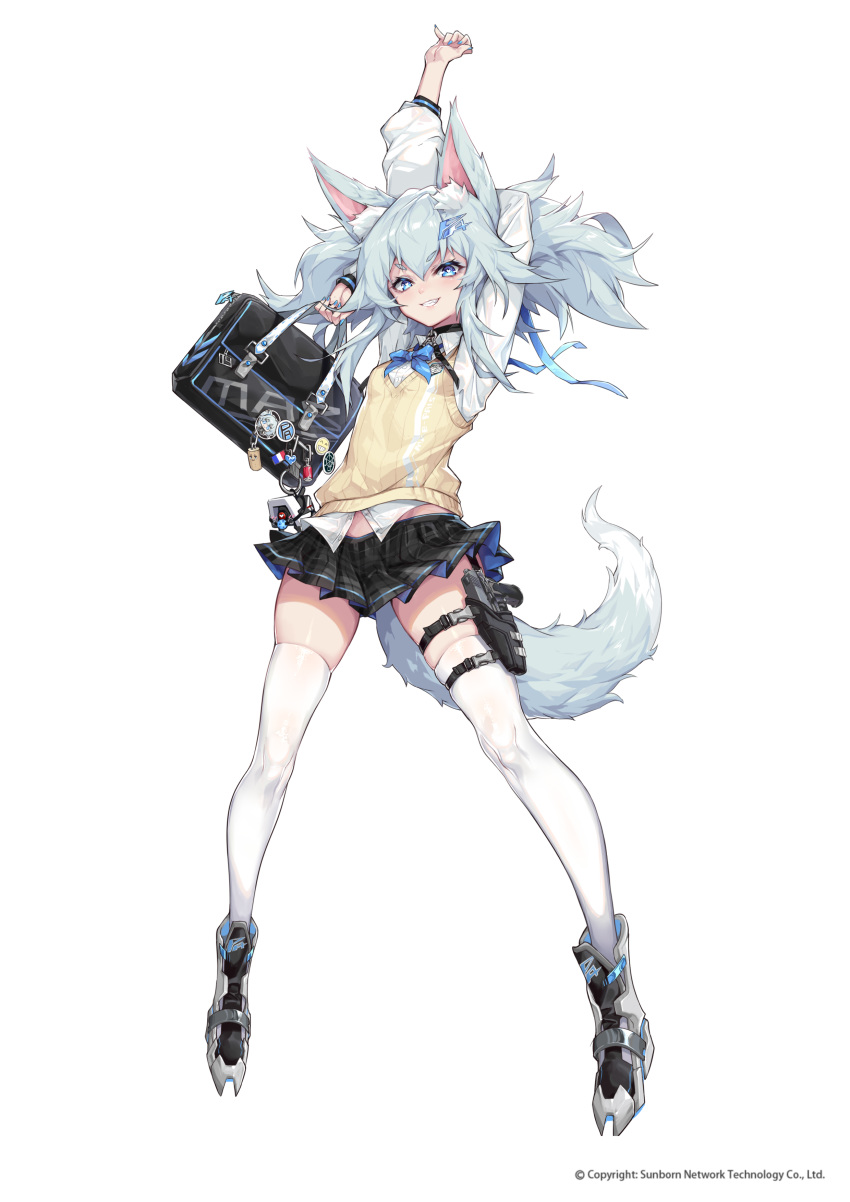 1girl, absurdres, alternate_costume, animal_ear_fluff, animal_ears, arms_up, bag, bangs