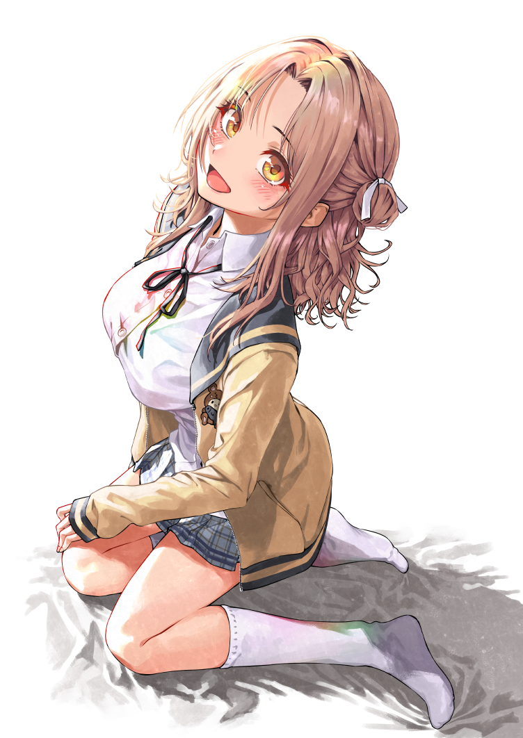 1girl, aisu_reizou, blush, breasts, brown_eyes, brown_hair, cardigan, hair_bun