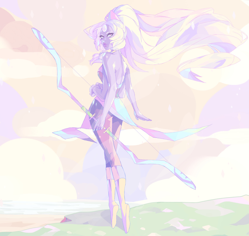 1girl, bare_shoulders, bow, breasts, cliff, clouds, four_arms, gem, giantess, highres, holding, holding_weapon, looking_back, ocean, opal_(steven_universe), purple_skin, smile, solo, steven_universe, vonnabeee, weapon, yellow_footwear