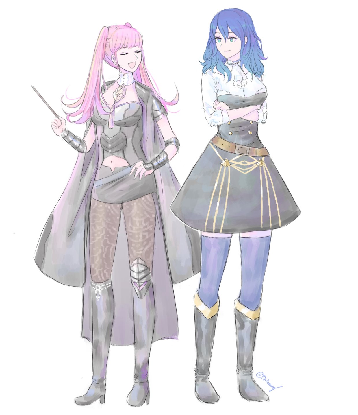 2girls, belt, blue_eyes, blue_hair, blue_legwear, boots, byleth_(fire_emblem), byleth_eisner_(female)