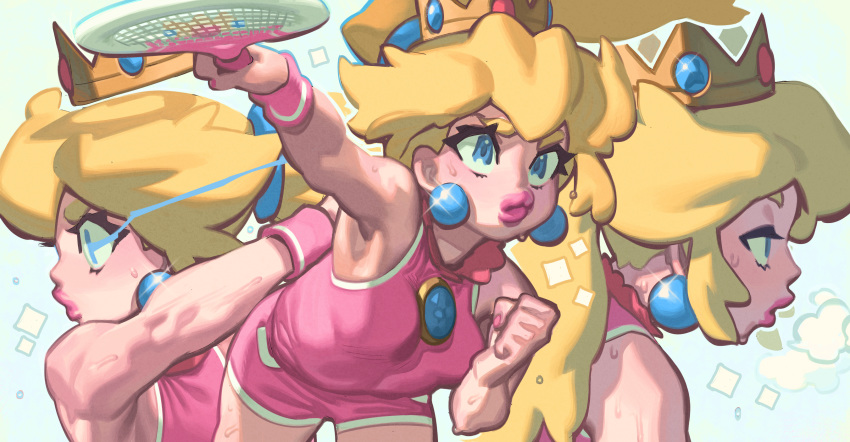 1girl, armpits, blonde_hair, blue_eyes, breath, brooch, crown, gloss, highres, jewelry, super_mario_bros., mario_tennis, mini_crown, outstretched_arms, princess_peach, racket, short_shorts, shorts, sleeveless, sportswear, tennis_racket, tennis_uniform, thick_lips, toned, wristband