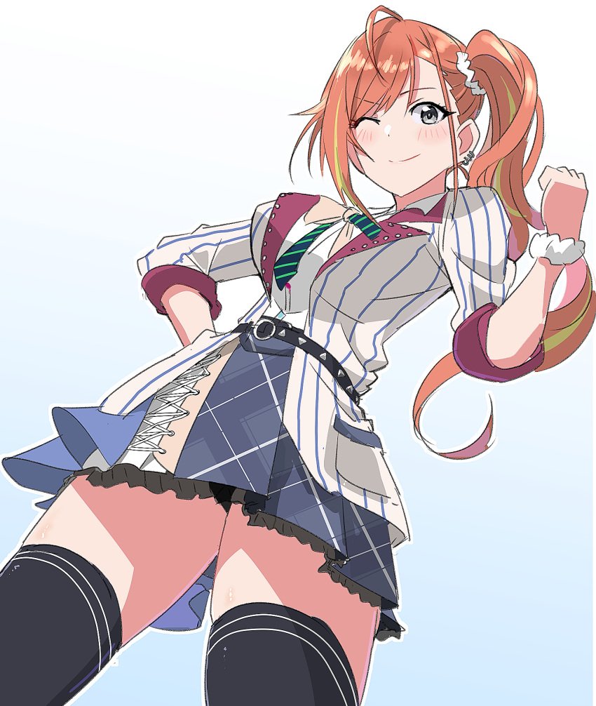 1girl, arisugawa_natsuha, belt, black_eyes, black_legwear, blue_background, clenched_hand, commentary_request, dutch_angle, earrings, from_below, gradient, gradient_background, hand_on_hip, highres, idolmaster, idolmaster_shiny_colors, jewelry, long_hair, looking_at_viewer, miniskirt, multicolored_hair, ogasawara, one_eye_closed, orange_hair, scrunchie, side_ponytail, skindentation, skirt, sleeves_past_elbows, smile, solo, thigh-highs, thighs, two-tone_hair, white_background, wrist_scrunchie, zettai_ryouiki