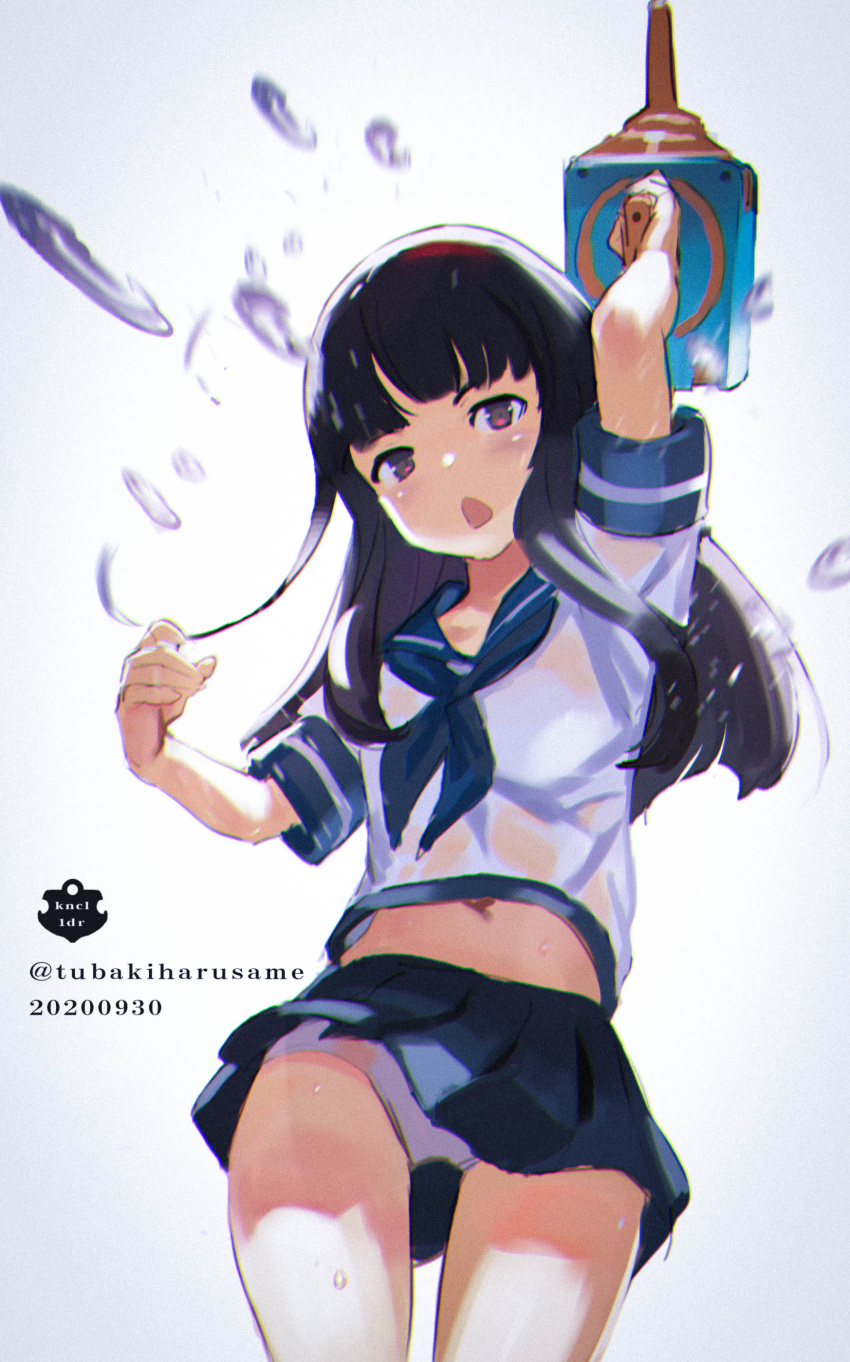 1girl, absurdres, adapted_turret, artist_logo, bangs, black_hair, blue_sailor_collar, blue_skirt